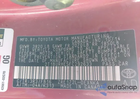 2015 Toyota Corolla Le z USA, uszkodzony, nr VIN 2T1BURHE5FC292633